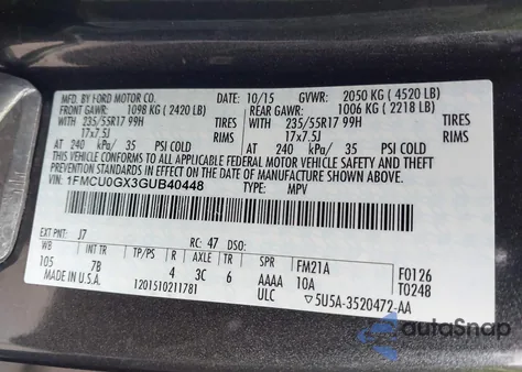 2016 Ford Escape Se from USA, damaged, VIN 1FMCU0GX3GUB40448